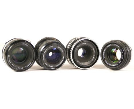 Four assorted camera lenses comprising of Minolta MD W.Rokkor 28mm 1:3.5 49mm lens, OM-System Zuiko Auto-S 50mm 1:1.8, Carl Z