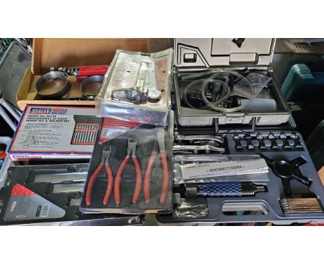 Draper 10 tonne hydraulic puller kit, Draper valve spring compressor, Silverline Mityvac, Sealey star bits, Nielsen cutters, 