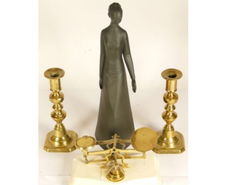 A set of 20th century porcelain and brass postal scales, together with a Royal Doulton porcelain figure Tranquillity, HN2426 