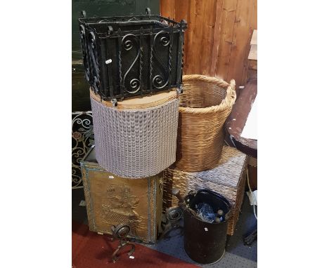 A collection of homewares, to include an Edwardian wrought iron firescreen, fire irons, a coal bucket, a log basket, wicker b