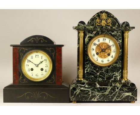 A Victorian green veined marble mantel clock, the eight day movement striking on gong, H34cm, together with a slate example. 