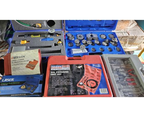 Sealey oil pressure kit, Bergen socket set, Laser subframe bush remover kit, brake caliper kit, water flow pressure kit, tool