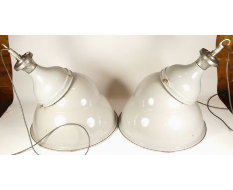 A pair of Simplex Lighting Ltd, industrial ceiling lights, having enamelled aluminium shades with fittings, diameter 47cm, to