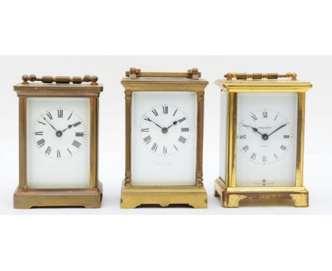 A 20th century Bayard 8 day brass and four glass carriage clock, the white dial with black Roman numerals, raised on shaped b