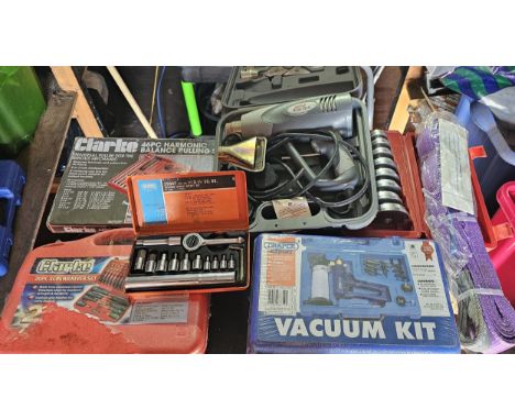 Draper vacuum kit, Clarke screwdriver set, Clarke puller set, Draper socket set, Earlex heat gun, webbing sling and other too