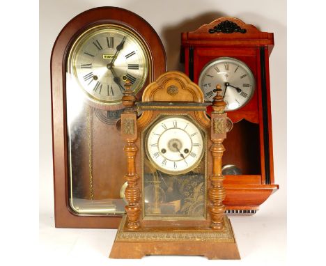 Three mid 20th century Vienna style wall clocks, together with two American Ansonia mantel clocks, having manual wind movemen