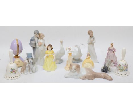 Assorted collectable ceramics to include Lladro, Nao and Coalport together with two Aynsley porcelain bells 