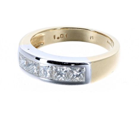 Modern 18ct bicolour channel set diamond ring, with five princess-cut diamonds, 1.00ct, clarity VS, colour I/J, 5.8gm, 6mm, r