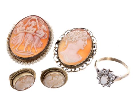 Oval cameo brooch depicting three dancing maidens, mounted with seed pearls; together with a further oval cameo brooch depict