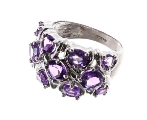 Modern fancy 9ct white gold amethyst dress ring, width 13mm, 4.6gm, ring size K