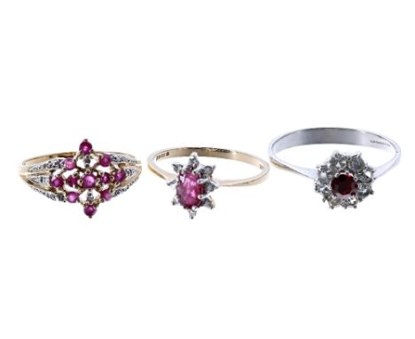 Two 9ct ruby and diamond dress rings, 3.7gm; also a synthetic ruby cluster ring, 2.2gm (3)