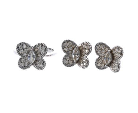 Platinum diamond butterfly ring with matching earrings, each centred with marquise diamonds, each 0.40ct approx, 11gm, ring s