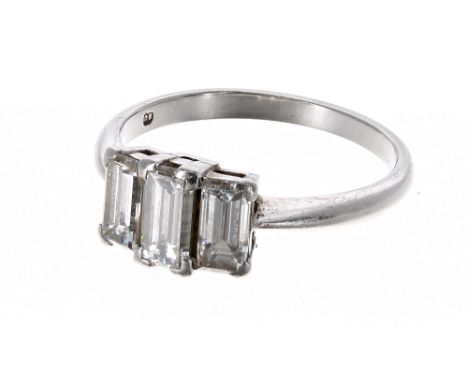 Platinum emerald-cut diamond trilogy ring, 1.40ct approx, clarity VS, colour I/J, width 7mm, 4.2gm, ring size N (3952-4-A) 