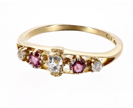 Attractive 18ct ruby and diamond five stone ring, with three old-cut diamonds, 2.7gm, width 6mm, ring size M