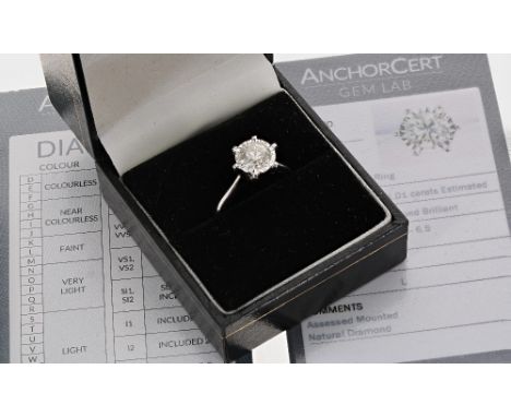 18ct white gold diamond solitaire ring, 1.01ct, clarity I1, colour L, 3.8gm, ring size L/M - ** with Anchor Cert no. 20038186