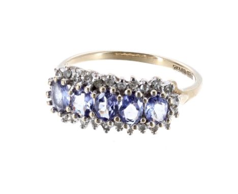 9ct tanzanite and diamond dress ring, width 8mm, 2.7gm, ring size N 