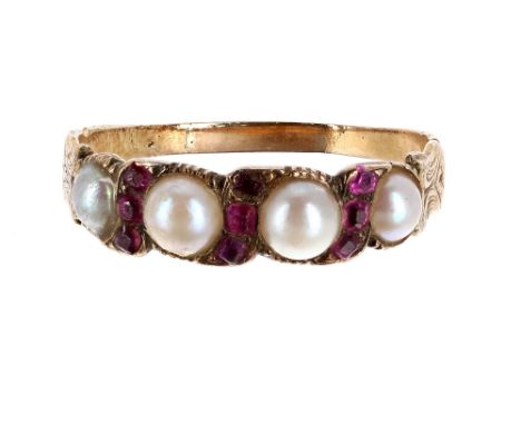 Georgian yellow gold pearl and almandine garnet ring, width 5.5mm, 2.3gm, ring size R