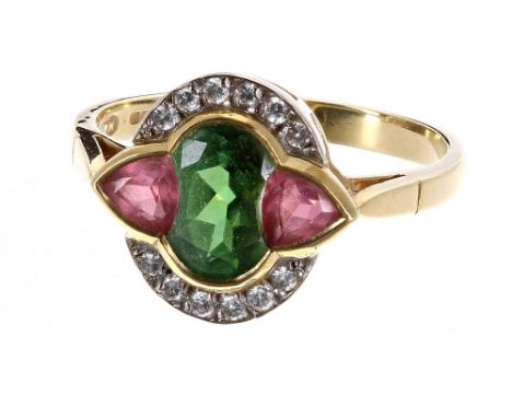 18ct yellow gold tourmaline and diamond cluster ring, with green and pink tourmaline's in a surround of round brilliant-cut d