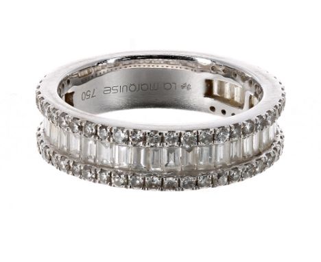 La Marquise 18ct white gold diamond 3/4 eternity ring, with a central band of baguette diamonds between round brilliant cut b