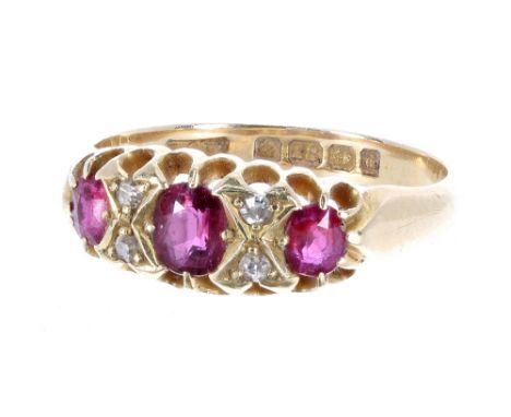 Edwardian 18ct yellow gold claw set ruby and diamond ring, Birmingham 1903, 3.7gm, band width 7mm, ring size O/P