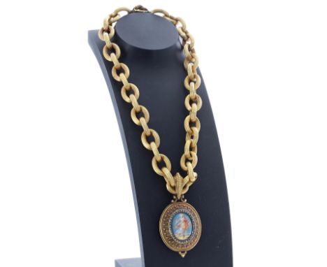Good Antique yellow gold portrait rose diamond set locket pendant on necklace, inset with a porcelain panel depicting a young