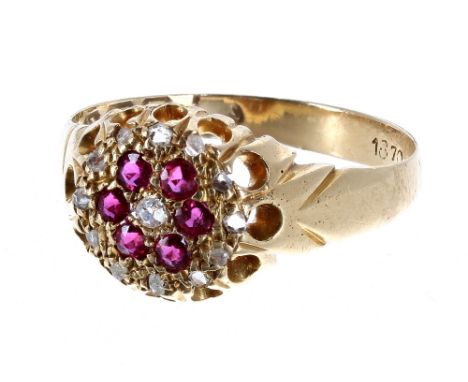 Antique 18ct ruby and diamond cluster ring, the central diamond surrounded by five rubies with twelve outer diamonds, Birming