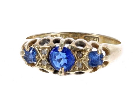 Antique 18ct yellow gold claw set sapphire and diamond ring, Birmingham 1912, 2.6gm, band width 7mm, ring size M