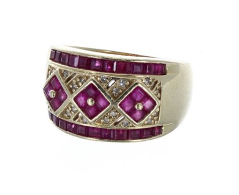 Fancy 14ct yellow gold princess and calibre set ruby and diamond band ring, 10.8gm, band width 13.5mm, ring size R   