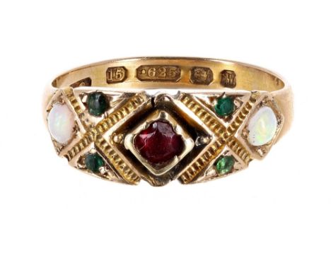 Victorian 15ct opal and garnet ring, Birmingham 1871, width 7mm, 3.3gm, ring size M/N