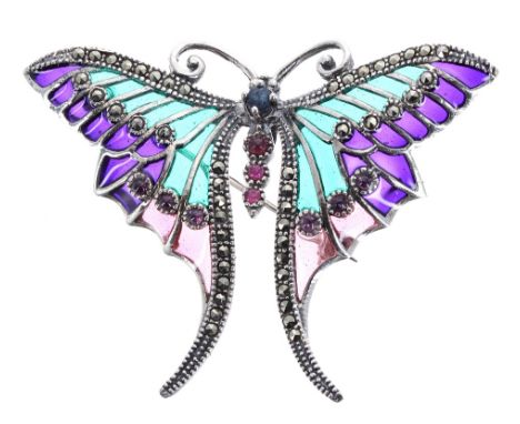 Silver brooch in the form of a butterfly, with sapphire, ruby, marquisette and plique á jour, 12.5gm, 45mm x 59mm