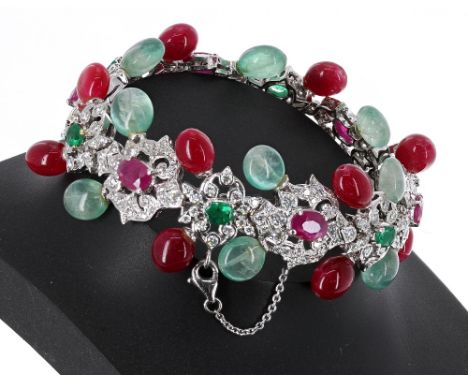 White gold diamond, ruby and emerald bracelet set with green hardstones, 46.1gm, 7.5" long (557197-2-A) 