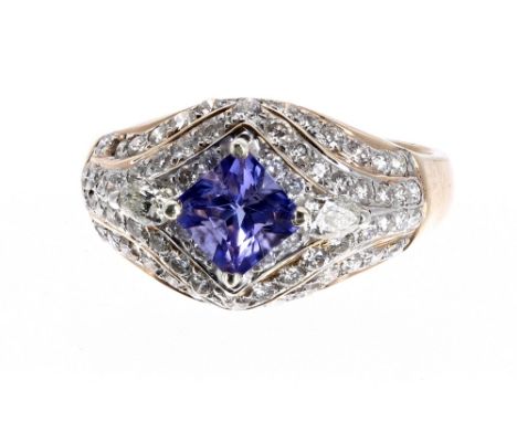 Attractive tanzanite and diamond cluster ring, 0.50ct princess-cut tanzanite of good colour, within a surround of oval and ro
