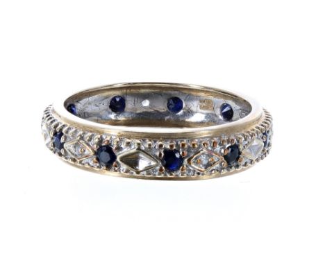 9ct sapphire and diamond eternity ring, 2.5gm, width 5mm, ring size P - ** with box