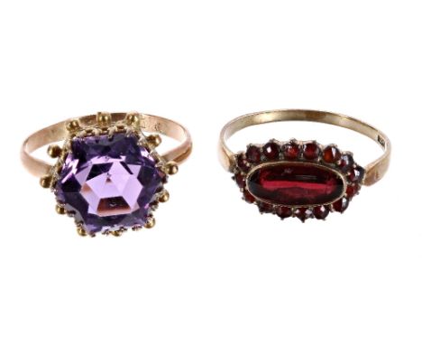 Victorian 9ct garnet ring, 1.6gm, ring size P; also a 9ct amethyst ring, 2.6gm, ring size M (2)   