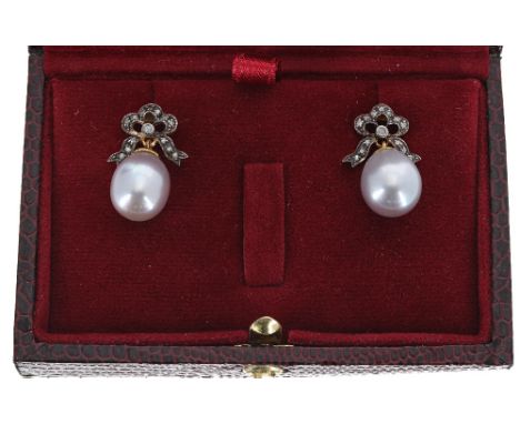 Pair of attractive large grey cultured pearl drop earrings in the antique style, set with diamond bows, the pearls 11mm, post