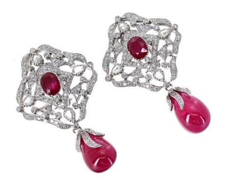 Attractive pair of white gold diamond and ruby earrings, 10.2gm, 50mm (at fault) (557197-3-A) 