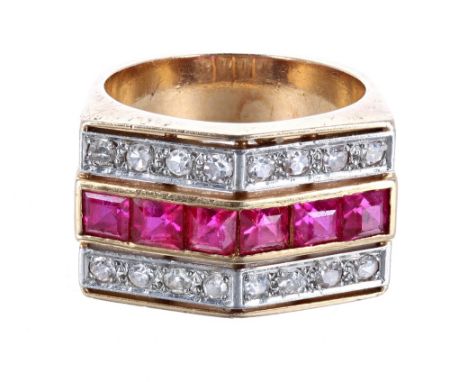 1940s 18ct ruby and diamond cocktail ring, with a central band of six princess-cut rubies and two rows of round brilliant-cut