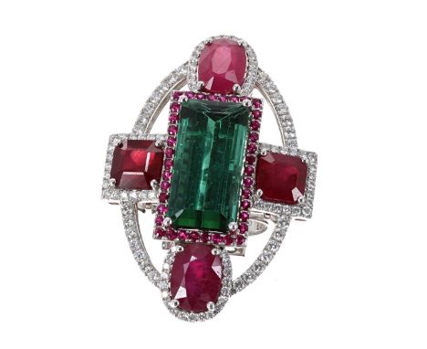 Large and impressive 18ct white gold diamond, ruby and tourmaline ring, 46mm x 33mm, 21.7gm, ring size L/M (557197-1-A)