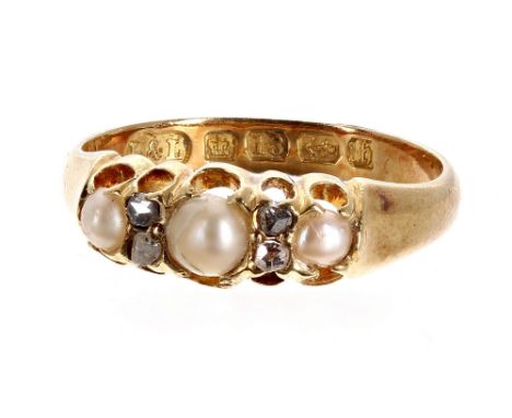 Victorian 18ct pearl and rose diamond claw set ring, Birmingham 1882, 6mm, 2.8gm, ring size 