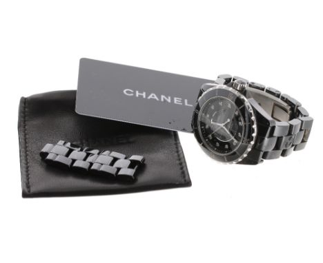 Chanel J12 black ceramic automatic bracelet watch, ref. H1626, serial no. PRB08xxx, diamond set dial, bezel 39m diameter - **