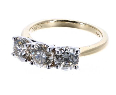 Good 18ct gold three stone diamond ring, round brilliant-cut, 2.14ct approx, clarity VS2-SI1, colour K/L 6mm, 4.5gm, ring siz