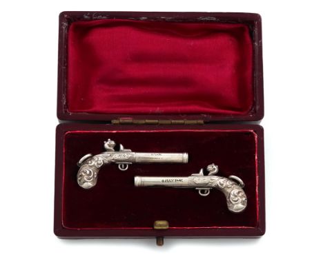 An early Victorian novelty silver pistol pencil and toothpick set, by S. Mordan, engraved 6 July 1840. modelled as pistols, t