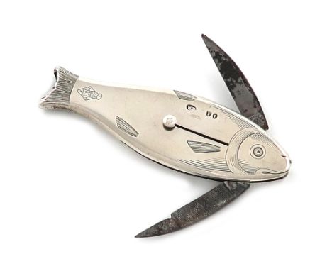 A Victorian novelty silver pencil, file, whistle and penknife, by Thornhill, London 1881, modelled as a fish, plain form, len