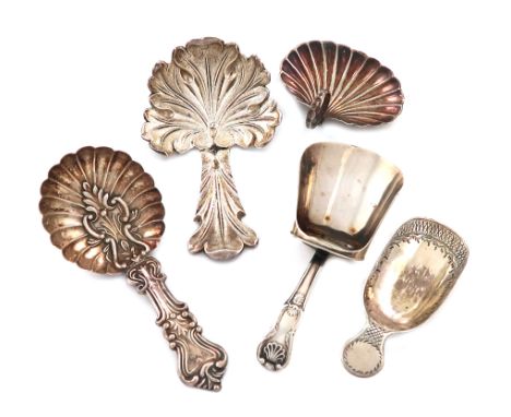 A collection of five antique silver caddy spoons, various dates and makers, including: a George III one of oval fluted form, 