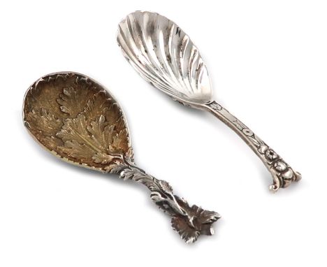 A Victorian cast silver caddy spoon, by George Adams, London 1865, gilded fig-shaped bowl with acanthus leaf decoration, the 