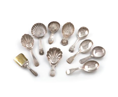 A collection of ten silver caddy spoons, various dates and makers, comprising: one by William Pugh, Birmingham 1808, shovel b