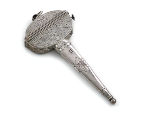 A Charles II silver scissor case, maker's mark dc, circa 1680, oval and tapering oval form, engraved decoration, the hinged c