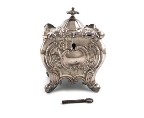 A late-Victorian silver tea caddy, by Jenkins &amp; Timm, Sheffield 1894, square bombé form, embossed scroll decoration, hing