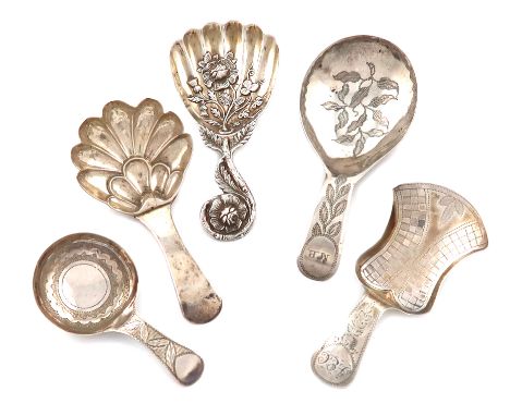 A collection of five antique silver caddy spoons, various dates and makers, including: a Victorian caddy spoon, by A. Hadfiel