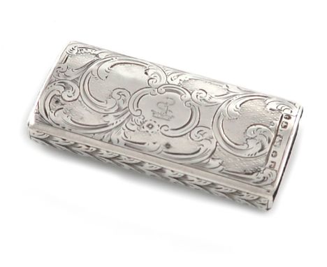 A Victorian silver vesta/ snuff box, by Hilliard and Thomason, Birmingham 1853, rectangular form, engraved foliate scroll dec